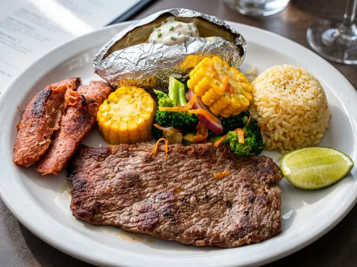 Carne asada con chorizos, papa al horno, elote y arroz